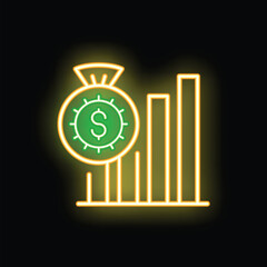 Glowing neon sign representing a money bag and increasing statistics chart bars, suggesting financial growth