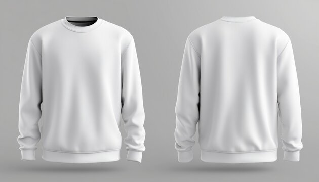 White Sweatshirt Mockup Template: Front And Back View Of Long-Sleeved Jumper For Print Presentation And T-Shirt Design. Blank Clothing Sweater Mockup.