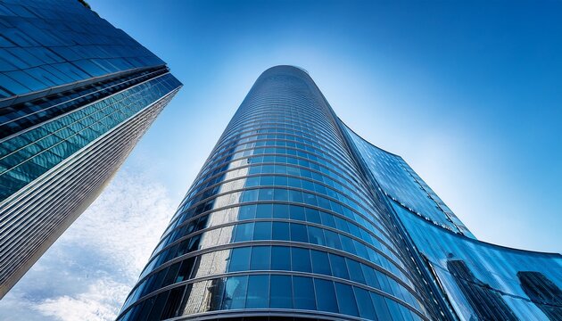 low angle view of modern curved high rise building glass facade of skyscraper office building against blue sky contemporary architectural design