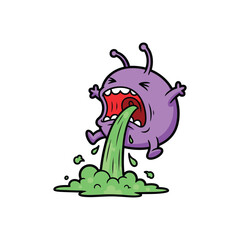 Cartoon purple monster vomiting green slime illustration.