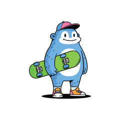 Blue Cartoon Bear Character Holding Skateboard Wearing Cap.