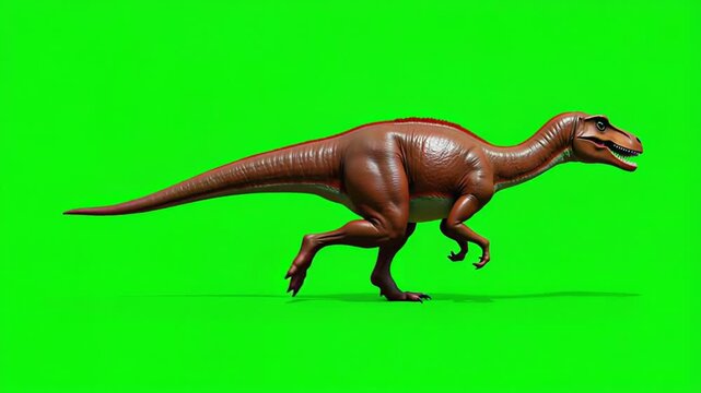 A realistic brown theropod dinosaur model in a running pose isolated on a bright green screen background for chroma keying.