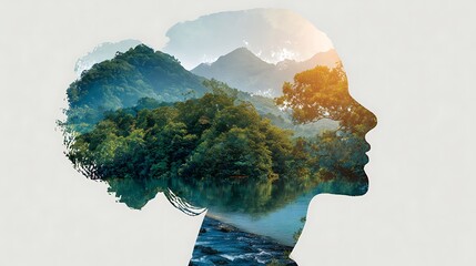 Woman Silhouette with Mountain Landscape Double Exposure | Serene Nature Headshot for Mental Health, Mindfulness and Environmental Awareness Concepts