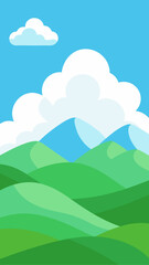 Obraz premium Stylized green rolling hills under a bright blue sky with fluffy white clouds and distant blue mountains