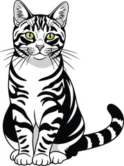 Charming tabby cat sitting portrait detailed sketch realistic feline pet flat design vector illustration isolated on transparent background