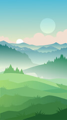 Stylized green rolling hills and misty mountains at sunrise with a soft pastel sky