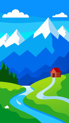 Idyllic mountain landscape with a winding river and a small cabin