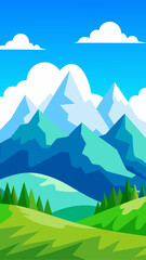 Vibrant cartoon landscape with rolling green hills and majestic snow capped mountains under a clear blue sky with fluffy white clouds