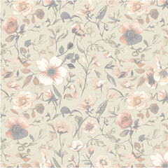 Seamless vector floral pattern featuring hand-drawn flowers and leaves, ideal for elegant feminine designs