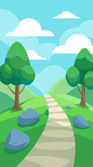 A cartoon path winds through a green landscape with trees and clouds