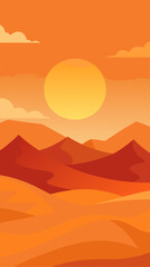 Stylized desert landscape with rolling sand dunes and a large sun in an orange sky