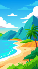 Vibrant tropical beach with palm tree and mountains under a blue sky