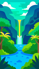 Vibrant abstract jungle landscape with a cascading waterfall and a flowing river