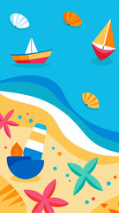 Colorful flat illustration of a beach scene with sailboats and seashells