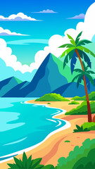 Vibrant tropical beach scene with palm trees mountains and turquoise ocean waves under a blue sky with clouds