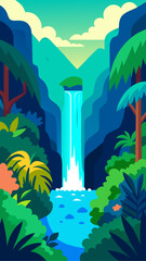 Vibrant tropical waterfall surrounded by lush green jungle and mountains
