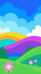 Vibrant cartoon landscape with rolling hills colorful layers and fluffy clouds