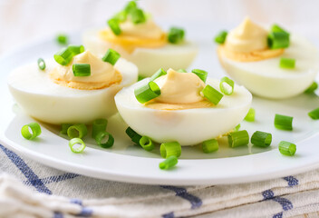 boiled chicken eggs with  mayonnaise  and freshly cut chives on a wooden table, healthy breakfast concept.