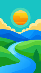 Stylized landscape with a winding river and a bright sun in a clear sky