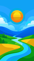 Stylized landscape with winding river and sun in a clear blue sky