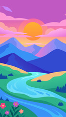 Vibrant abstract landscape with winding river and colorful mountains at sunset