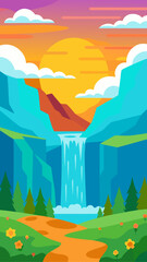 Vibrant flat design landscape with waterfall and sunset