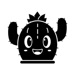 Happy Black and White Cactus Character with Minimalist Design and Cute Details