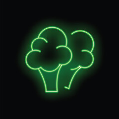Green neon sign showing two broccoli heads on black background, great illustration for healthy food restaurant