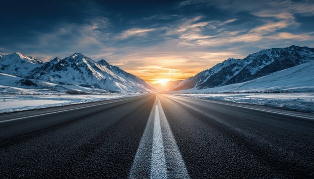Serene Asphalt Highway Road And Snow-Capped Mountains Under Sunlit Cloud-Filled Sky: A Natural Landscape At Sunrise.