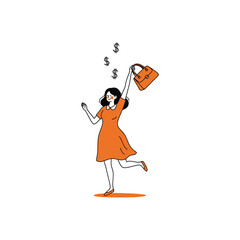 Happy woman in orange dress with handbag and falling money.