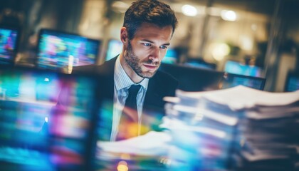 Young Businessman In Formal Attire Working With Documents In Office With Multiple Screens, Focusing On Exchange And Money Operations.