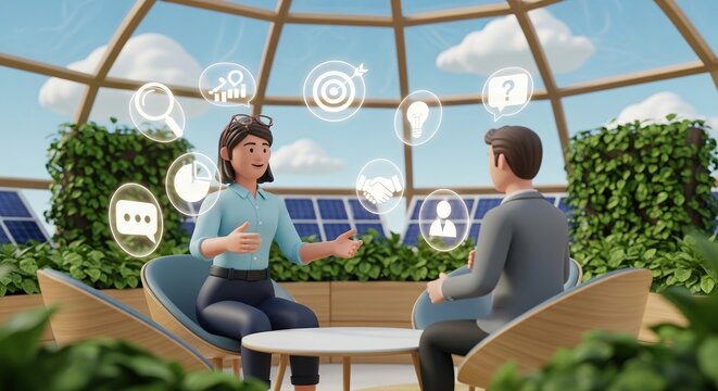 People in a futuristic greenhouse discuss ideas with holographic icons