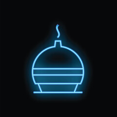 Blue neon sign depicting a traditional arabic incense burner, known as a mabkhara, emitting fragrant smoke