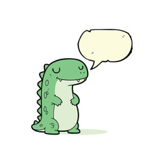 Cute Green Cartoon Dinosaur With Speech Bubble.