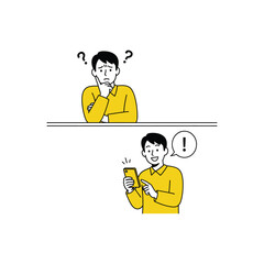 Cartoon man switching from confusion to delight using smartphone.