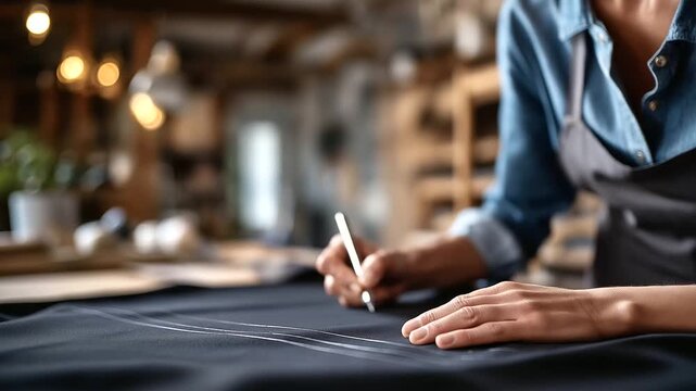 Close up of hands of unrecognizable professional seamstress copying paper garment pattern on black fabric drawing straight precise line in white chalk towards camera garment