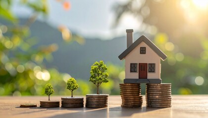 Home loan reverse mortgage, asset refinancing idea. Small house positioned on stacks of coins, symbolizes a homeowner or borrower converting properties into cash