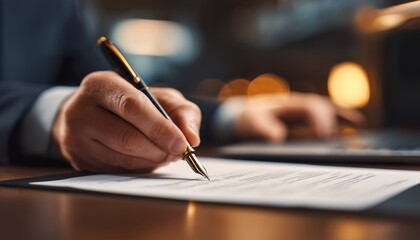 Ceo Signing A Contract With A Luxurious Pen, Surrounded By Business Elements Like Briefcases And Laptops In Abstract Defocused Style.