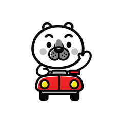 Cute Cartoon Bear Driving Red Car Waving.