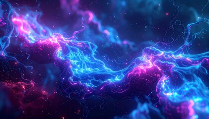 Abstract glowing neural networks intertwining like cosmic threads, flowing data streams, vibrant electric blue and magenta tones, sense of infinite intelligence, ultra-detailed, cinematic lighting.
