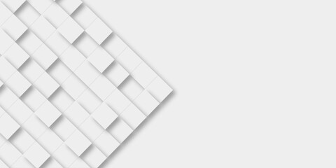 Random offset small white cubes, blocks or boxes background wallpaper banner with copy space. 3d architecture pattern design. Template for branding business. Squares Texture. 3D Rendering .
