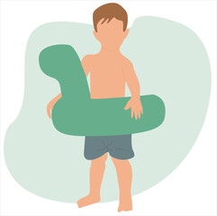 boy wearing a swimming float. little kid running and wear swim ring