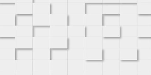 Random offset small white cubes, blocks or boxes background wallpaper banner with copy space. 3d architecture pattern design. Template for branding business. Squares Texture. 3D Rendering .
