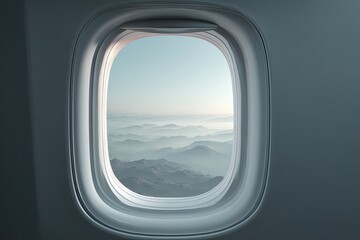 Naklejka premium Interior view of an airplane window, showing a serene landscape of mountain ranges and fog