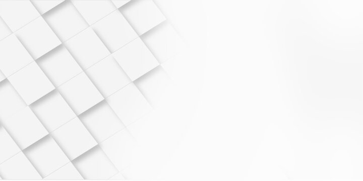Random offset small white cubes, blocks or boxes background wallpaper banner with copy space. 3d architecture pattern design. Template for branding business. Squares Texture. 3D Rendering .
