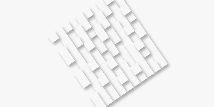 Random offset small white cubes, blocks or boxes background wallpaper banner with copy space. 3d architecture pattern design. Template for branding business. Squares Texture. 3D Rendering .
