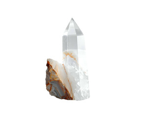 A tall, faceted, clear crystal point emerges from a base of layered, multicolored stone