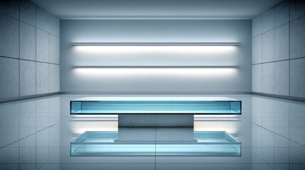 Modern minimalist interior with an illuminated display stage 