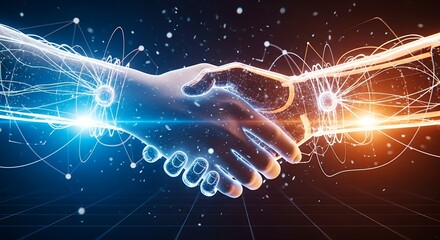 Futuristic digital handshake representing technological collaboration, global connection, and innovative partnership, symbolizing the future of interconnected networks and modern advancements