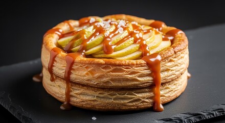 Deliciously decadent puff pastry tart topped with creamy filling and caramel drizzle
